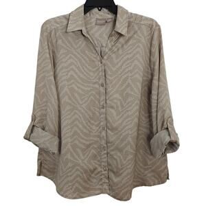 Chico's Button Front Shirt Size Large / 2 Tan Silky Top Long Roll Tab Sleeves